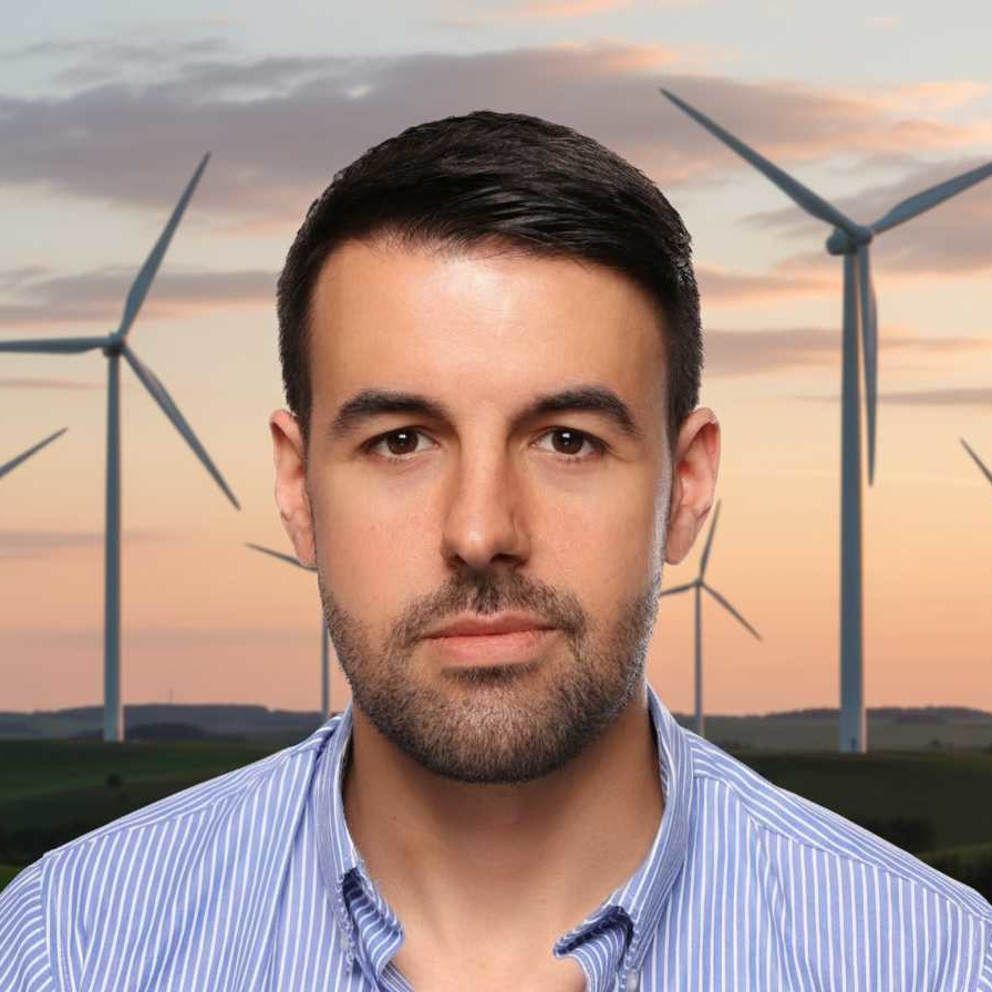 Juan Boullosa — portrait, wind turbines at dusk behind
